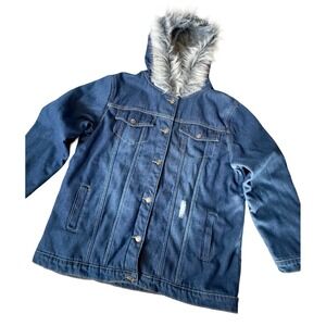 Womens XL Fleece Lined Denim Blue Jean Jacket Faux Fur Hood Y2K 90's Grunge NICE
